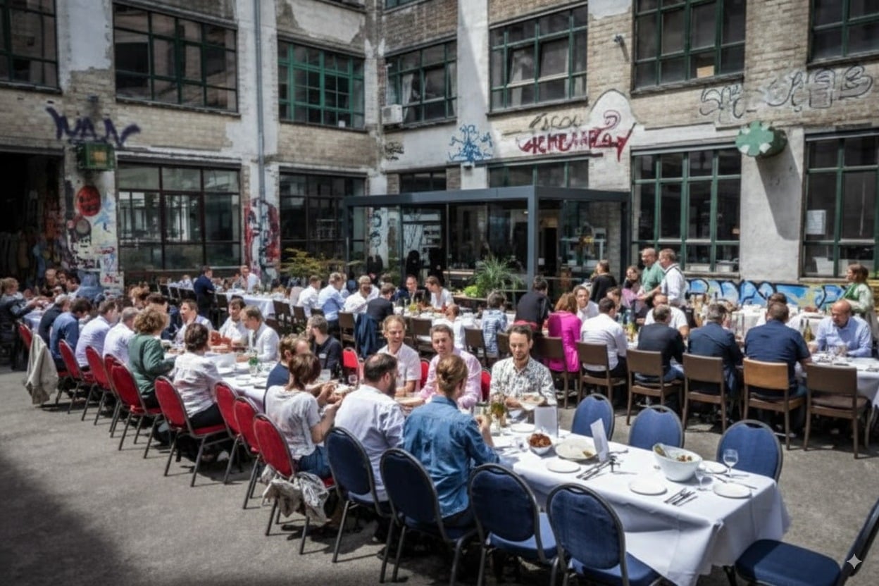 Catering-Service für die dena Energiesprong, mit langen Tafeln und zahlreichen Gästen an einem sonnigen Tag