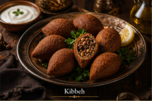 Authentic kibbeh plate with crispy bulgur shells and spiced meat filling