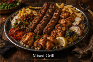 Middle Eastern mixed grill platter with kebab, chicken, and vegetables
