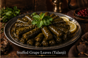 Aleppo Küche Berlin Traditional stuffed grape leaves with rice and herbs on a serving plate