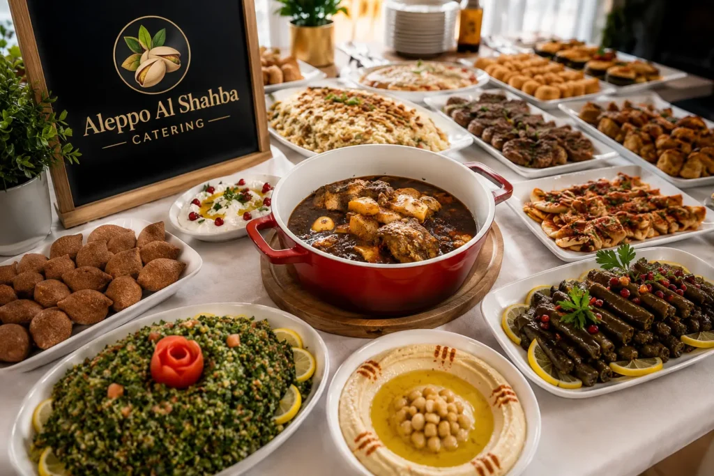 Exklusives arabisches Catering Buffet in Berlin mit Safarjalieh, Kibbeh, Yalanji, Hummus, Tabouleh und Premium Mezze auf elegantem Eventtisch.