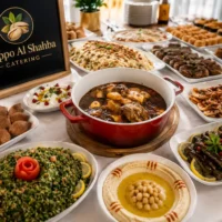 Exklusives arabisches Catering Buffet in Berlin mit Safarjalieh, Kibbeh, Yalanji, Hummus, Tabouleh und Premium Mezze auf elegantem Eventtisch.